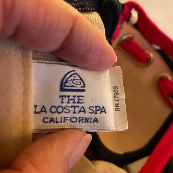 Elegant Dark Blue and White Polka Dot One Piece Swimsuit with Pink Accents - Picture 4 of 5